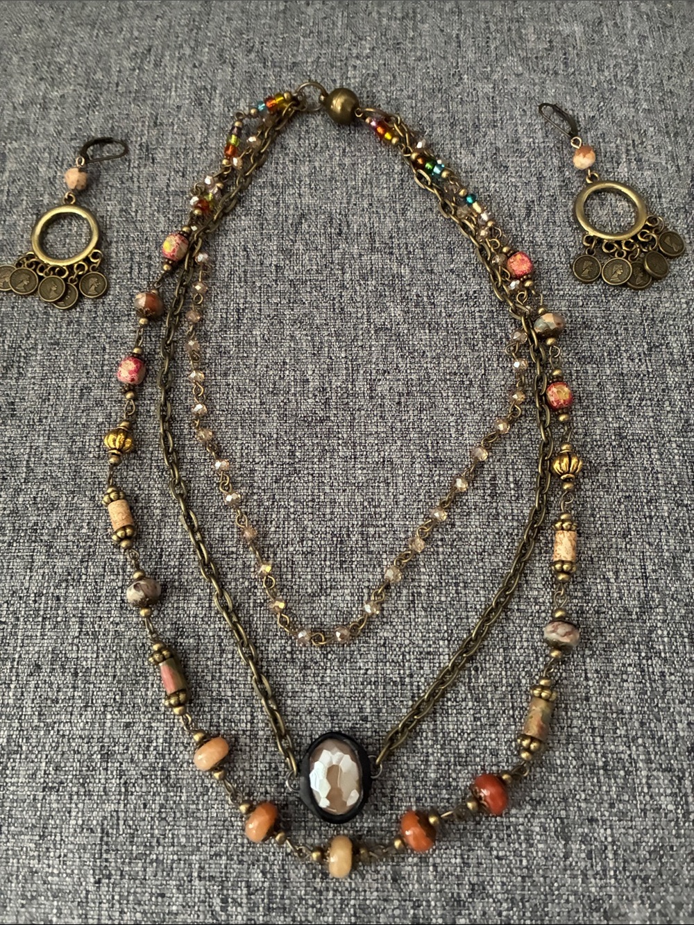 Vintage-Inspired Multistrand Brown and Gold Beaded Necklace Set